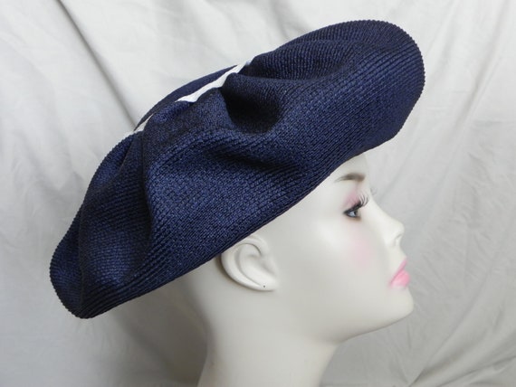 Navy Blue Vintage Straw Cello Weave Platter Hat T… - image 1