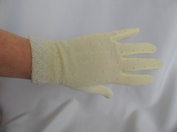 Vintage Short Light Yellow Beaded Dress Gloves Ev… - image 1