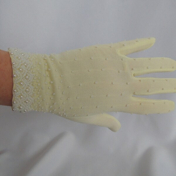 Vintage Short Light Yellow Beaded Dress Gloves Evening Gloves Wedding Gloves Easter Gloves Prom Gloves