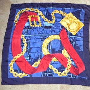 Vintage Celine Scarf, Blue, Red, and Gold Large French Silk Scarf by Celine,