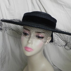 1940's Black Roberta Bernays Original Straw Hat Wide Brim Hat Platter Hat Saucer Hat Derby Hat Sunday Hat image 1