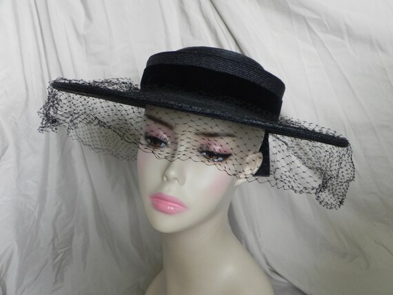 1940's Black Roberta Bernays Original Straw Hat W… - image 1