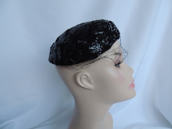 Vintage Black Sequined Pillbox Hat Evening Hat To… - image 3