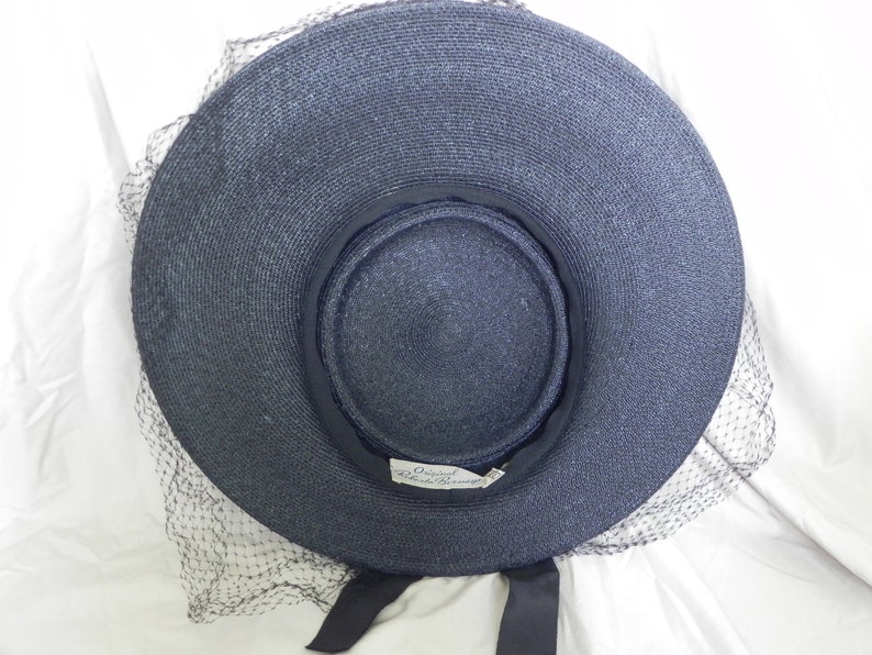 1940's Black Roberta Bernays Original Straw Hat Wide Brim Hat Platter Hat Saucer Hat Derby Hat Sunday Hat image 5