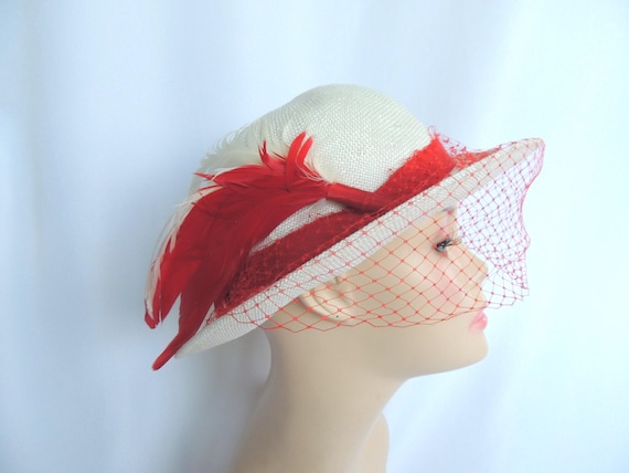 Vintage Cream Colored Hat with Red Ribbin Vintage 1950 main image 2
