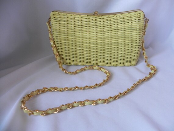 Vintage Yellow Straw Wicker Shoulder Bag Purse by