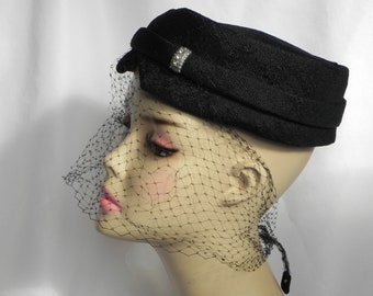 Black Linen Pillbox Hat Cocktail Hat Evening Hat Dress Hat Easter Sunday Hat with Rhinestone Embellishments