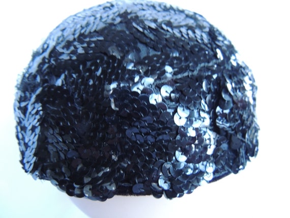 Vintage Black Sequined Pillbox Hat Evening Hat To… - image 6