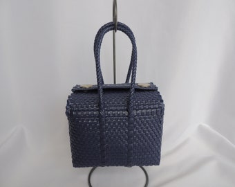 Vintage Navy Blue Molded Plastic Basketweave Purse Handbag Top Handle Bag Box Purse