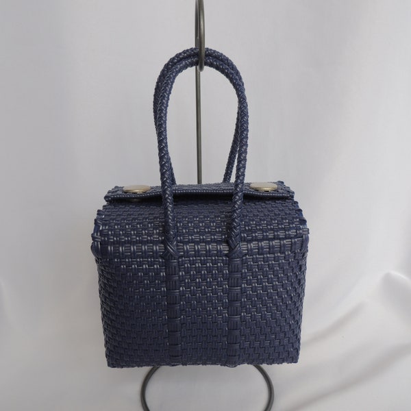 Vintage Navy Blue Molded Plastic Basketweave Purse Handbag Top Handle Bag Box Purse