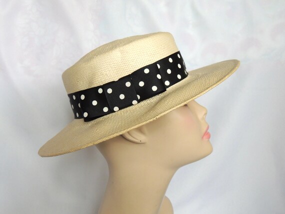 Vintage Natural Straw Wide Brim Derby Hat Straw H… - image 2