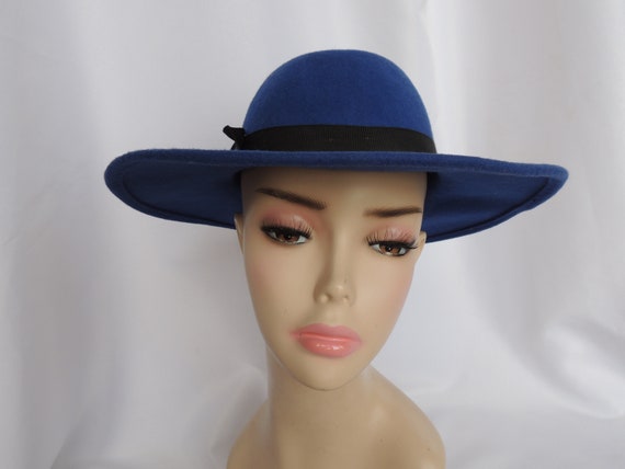 Vintage Royal Blue Wool Felt Fedora Style Dress H… - image 6