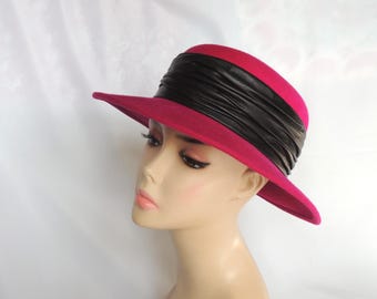 Vintage Frank Olive Fuchsia Pink Wool Felt Wide Brim Hat  display picture 2