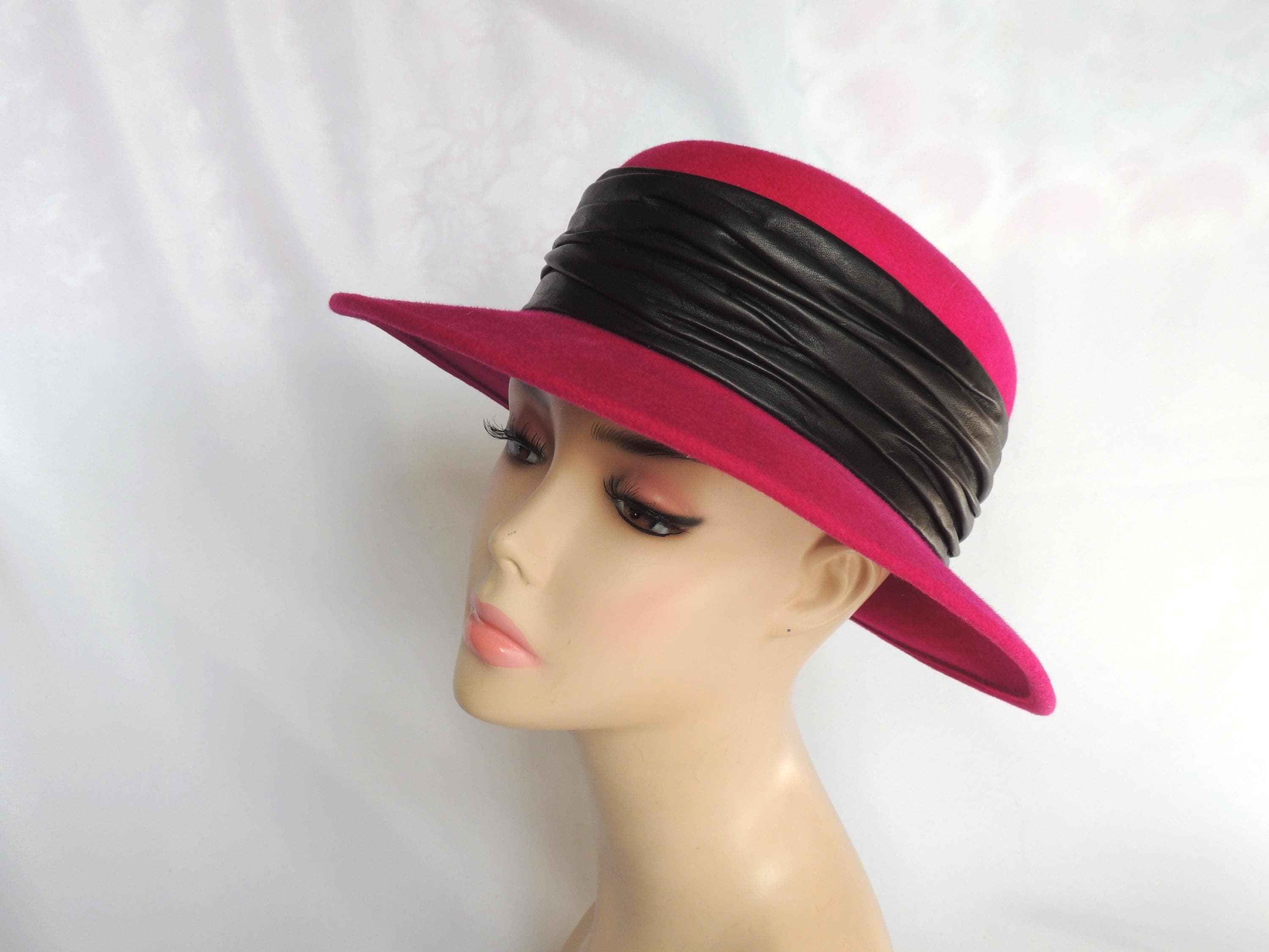 Vintage Frank Olive Fuchsia Pink Wool Felt Wide Brim Hat 