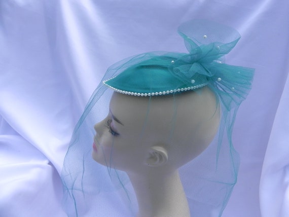 Vintage Teal Blue Derby Fascinator Hat Mini Hat M… - image 5