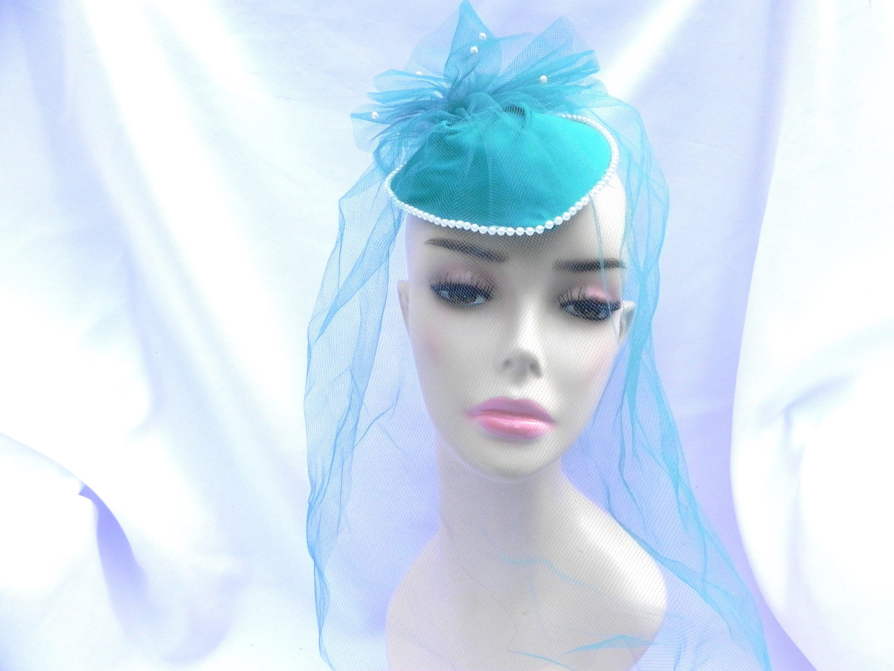 Teal Blue Derby Fascinator Hat With Tulle Veil, Faux Pearls  display picture 1