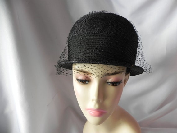 Vintage Black Straw Bowler Derby Hat  Dress Hat C… - image 2