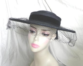 Vintage 1940's Black Straw Roberta Bernays Original Bergere/Platter Hat