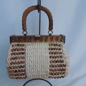 Vintage 1960's Straw Handbag Purse Top Handle Bag with Wood Frame and Handle by Gaymode