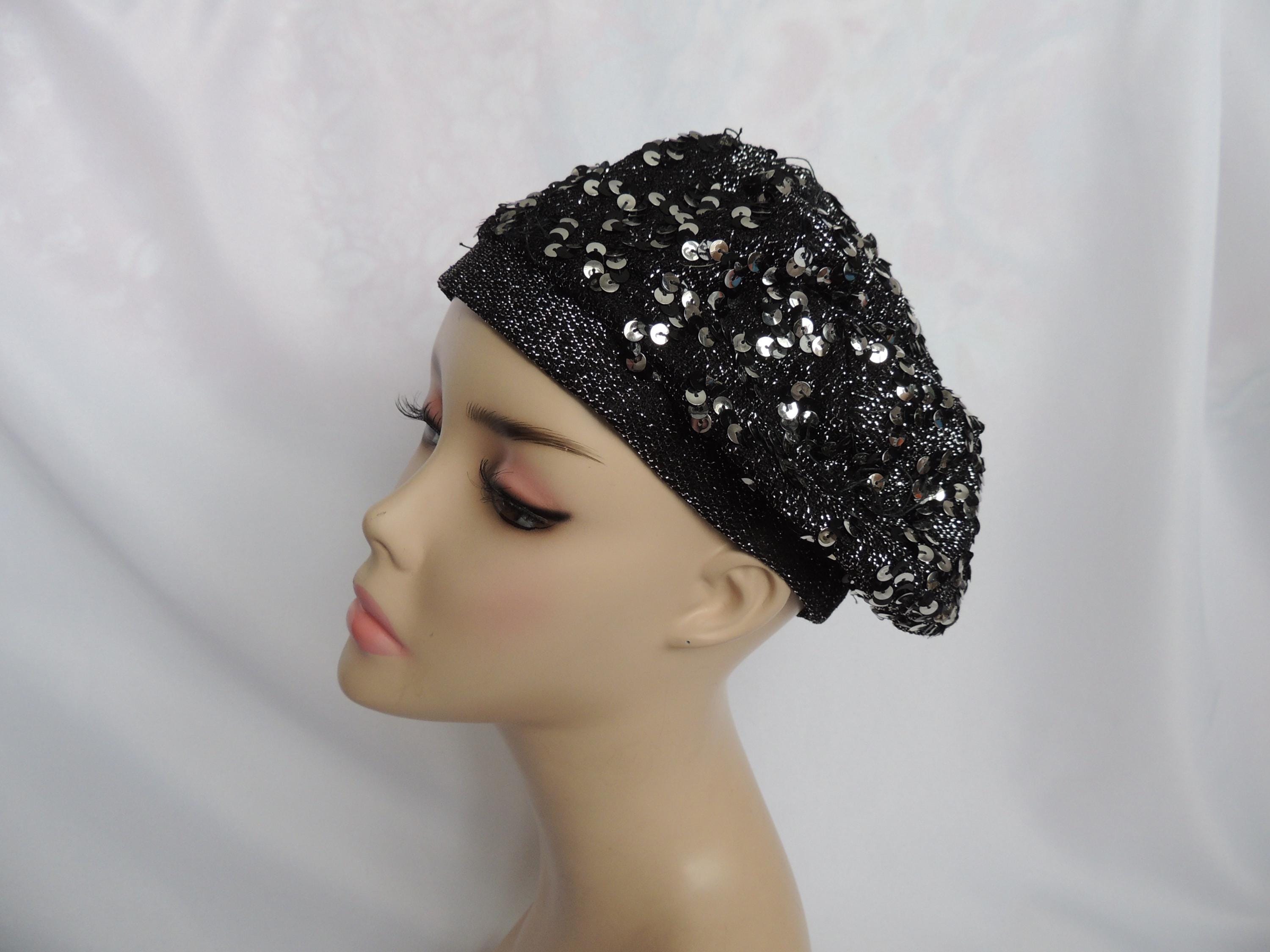 Vintage Black and Silver Sequined Tam/beret Hat Dress Hat 
