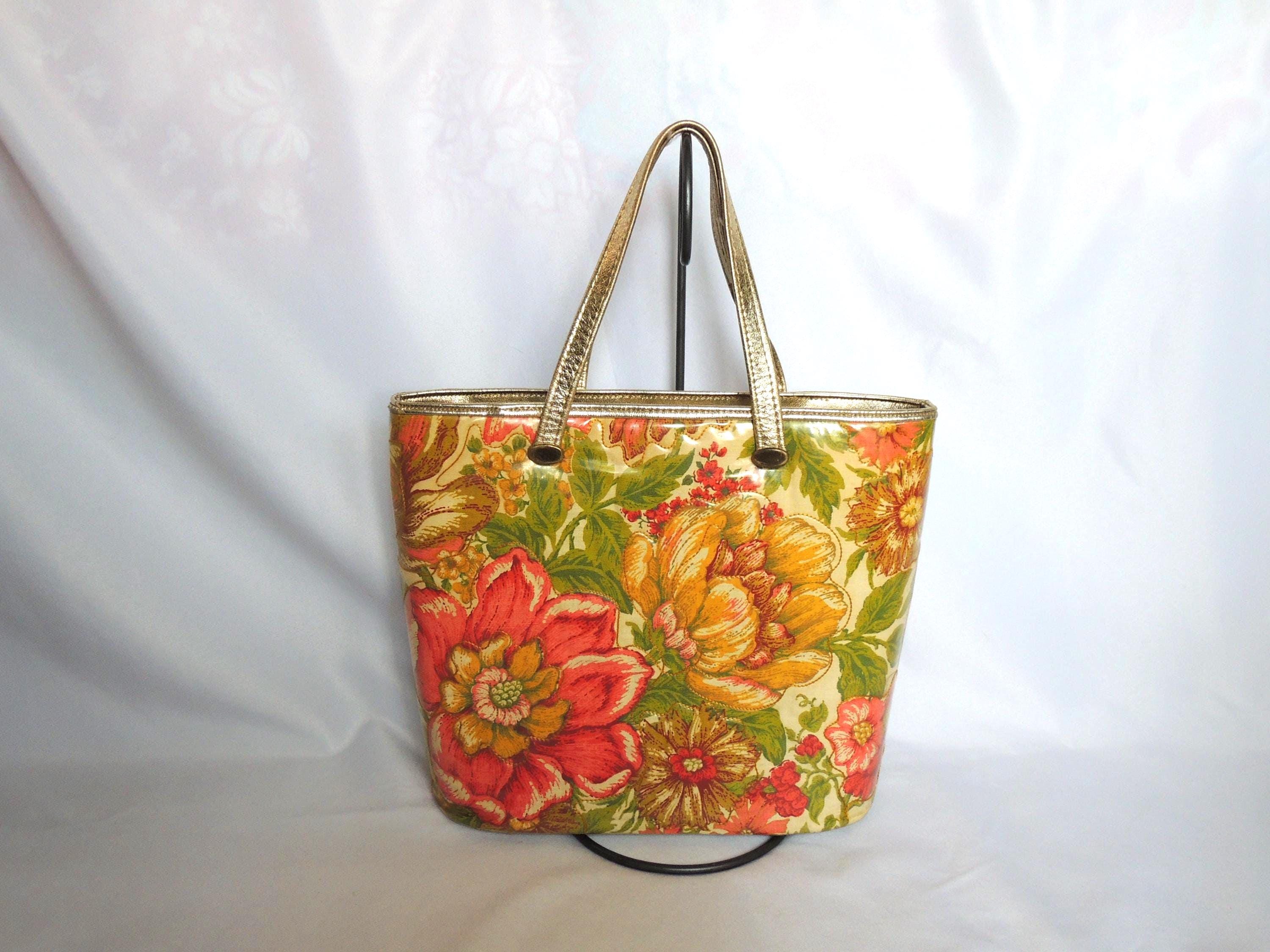 Vintage 1950's or 60's Pink Green and Gold Floral Tote Bag Handbag