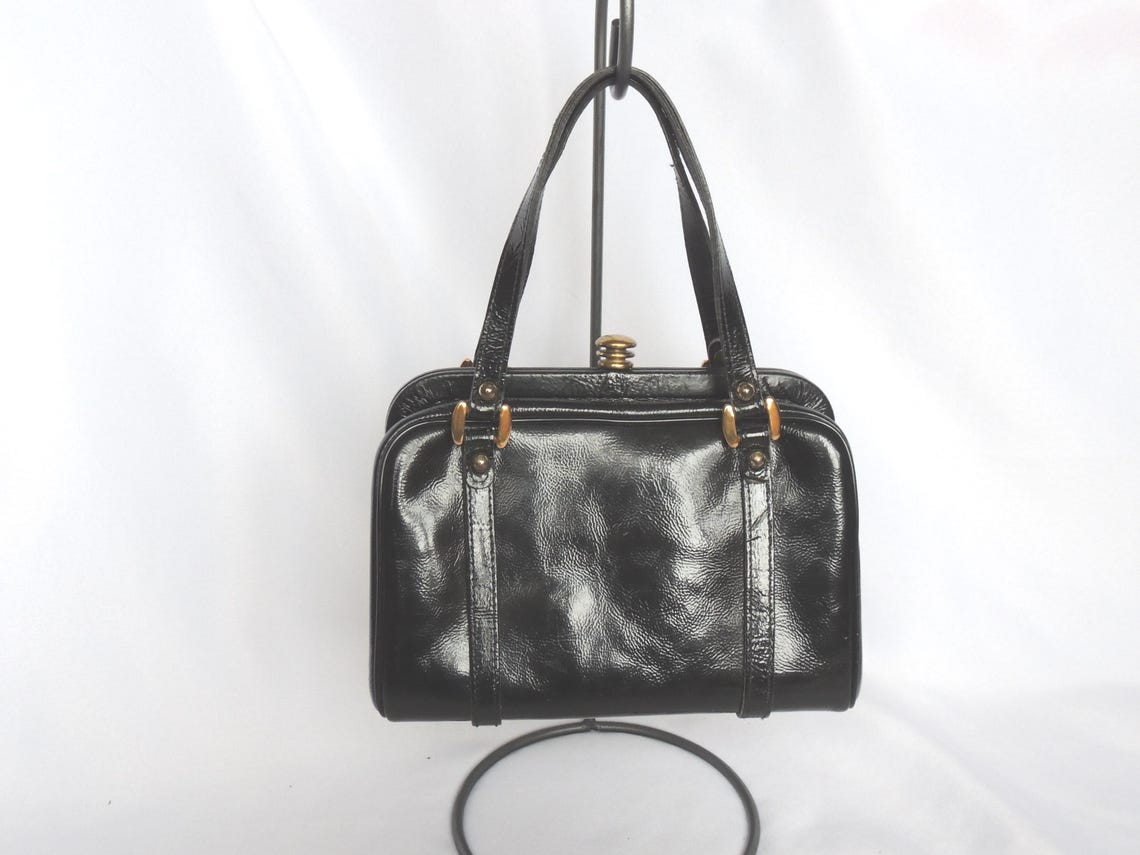 Vintage 1960's Black Textured Patent Leather Handbag Purse, Foto 2 von 5