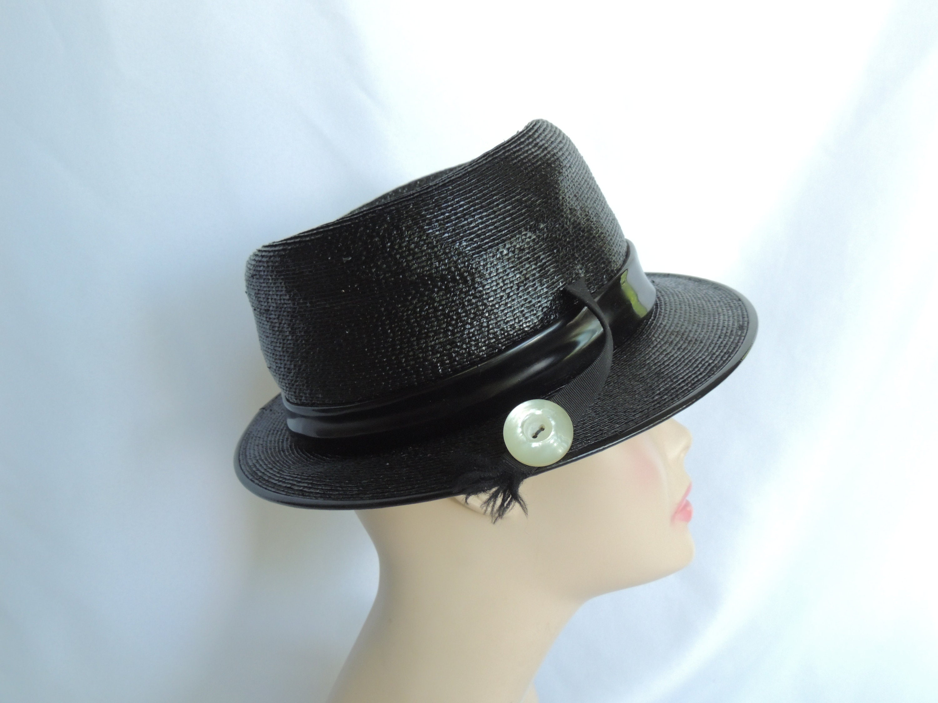 Vintage Cecile Black Straw Fedora Style Dress Hat, Steam 