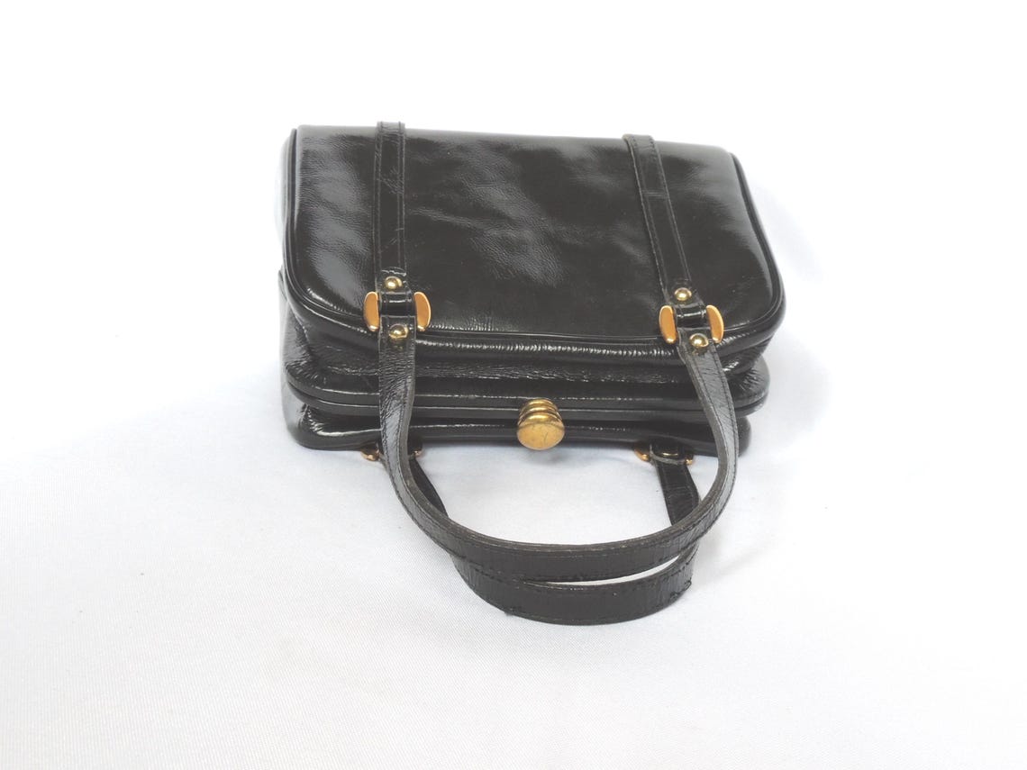 Vintage 1960's Black Textured Patent Leather Handbag Purse, Foto 3 von 5