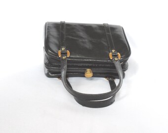 Sac à Main Vintage Noir Verni Années 60 - Occasion En Très Bon état
