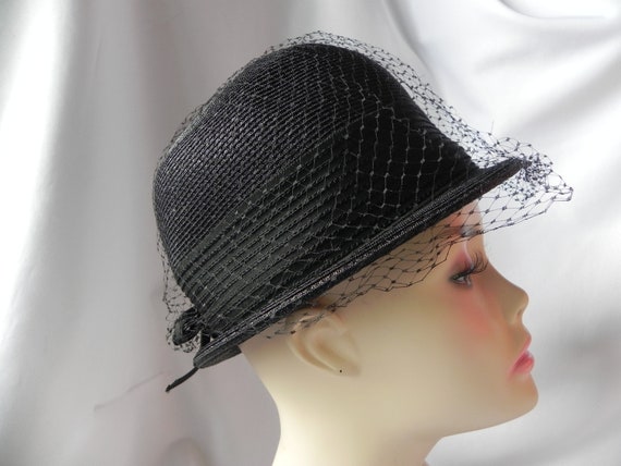 Vintage Black Straw Bowler Derby Hat  Dress Hat C… - image 1