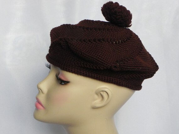 Vintage 1970's Brown Knit Crochet Beanie Hat Bere… - image 7