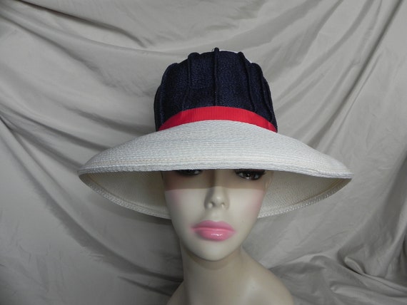 White and Blue Straw Synthetic Weave Bucket Hat W… - image 1