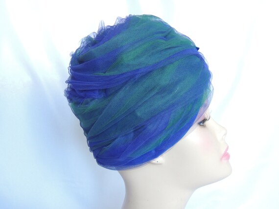 Vintage Blue and Green Tulle Turban Hat Dress Hat… - image 4