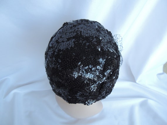 Vintage Black Sequined Pillbox Hat Evening Hat To… - image 4