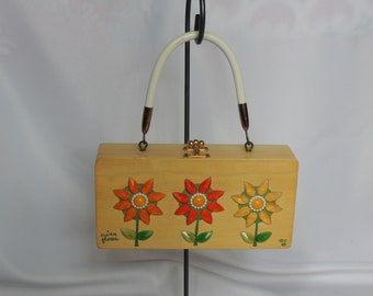 Vintage Enid Collins Wood Box Purse with Jewel Embellished Flowers "Mira Flores" Floral Box Bag Purse Handbag Top Handle bag