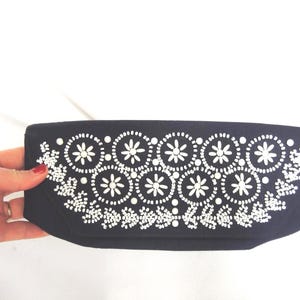Vintage Navy Blue Linen Beaded Clutch Purse Handbag Evening Bag by Soure&#39;