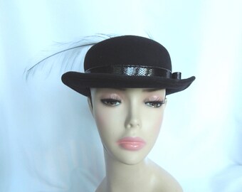 Vintage Black Wool Derby Hat with Feather, Adolfo II New York Designer Headwear