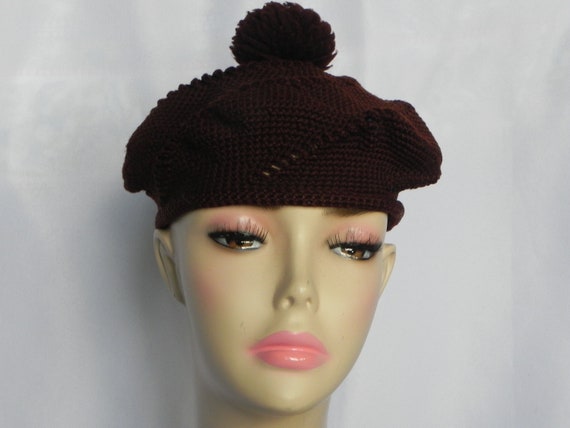 Vintage 1970's Brown Knit Crochet Beanie Hat Bere… - image 6