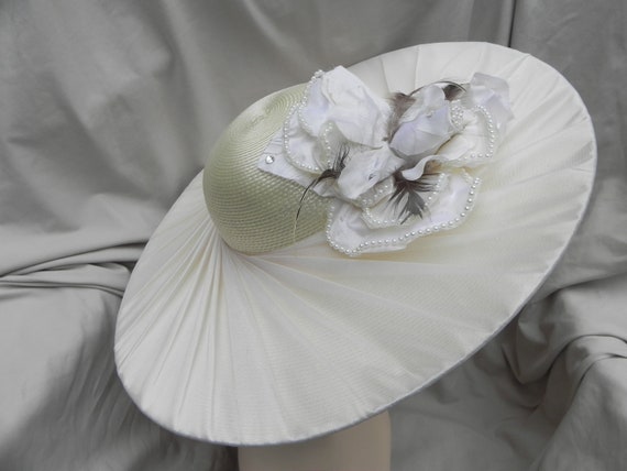 Ivory Wide Brimmed Synthetic Straw Hat, Derby Hat,