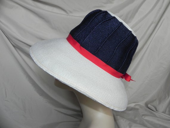 White and Blue Straw Synthetic Weave Bucket Hat W… - image 3