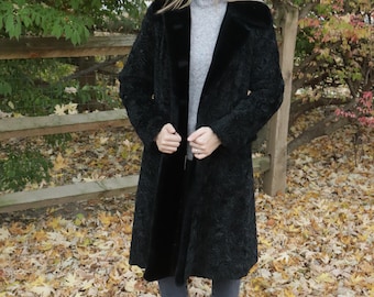 Vintage 1960's Black Long Faux Lambs Wool Coat Overcoat Winter Coat