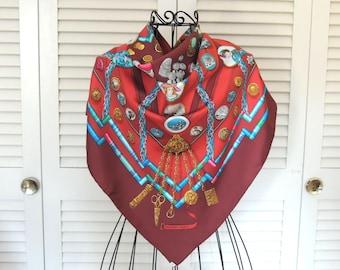 Vintage Hermes Paris Beautiful Large Red Silk Scarf with a Victorian Theme by Caty Latham Designer Scarf with Original Box