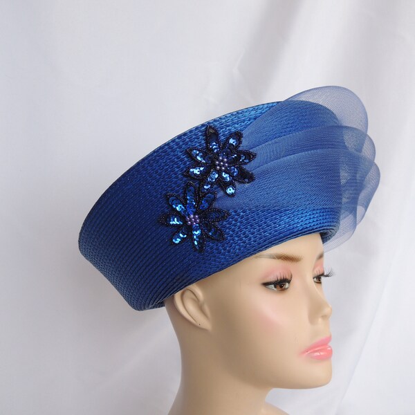 Vintage Royal Blue Straw Derby Hat Formal Hat Church Hat Dress Hat Fancy Hat Sunday Hat Easter Hat