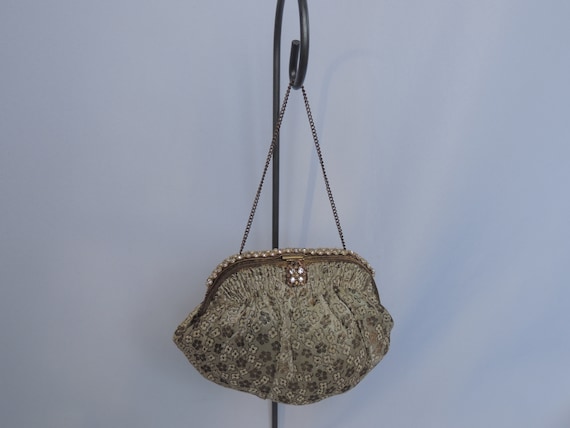Vintage Gold and Beige Brocade Small Purse Evenin… - image 1