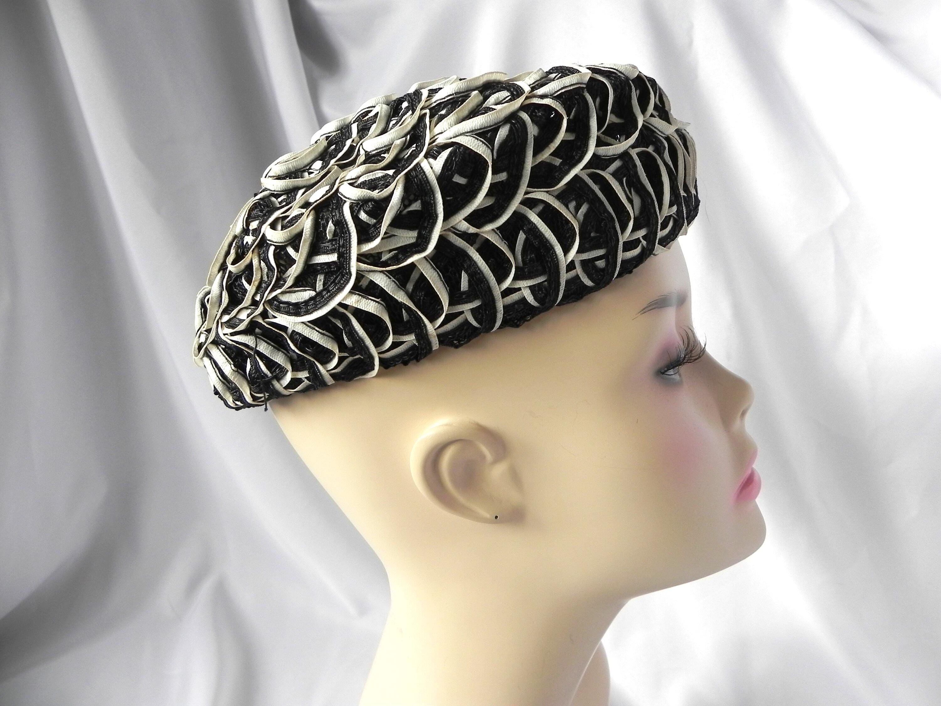 Evelyn Varon vintage black and white pillbox hat ? Vintage Evelyn Varon Hat, 1940s Raffia Hat With Spotted Veil  main image 3