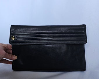 Vintage Christian Dior Black Leather Clutch Purse Evening Bag Handbag