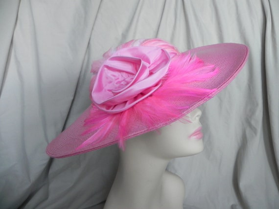 Pink Wide Brimmed Hat with Pink Feathers and Satin