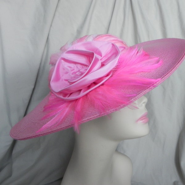 Pink Wide Brimmed Hat with Pink Feathers and Satin Rosette by Jody G. for Sylvia, Derby Hat, Wedding Hat, Fancy Hat, Church Hat, Easter Hat