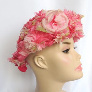 Vintage Pink Floral Hat with Roses For Easter Sunday. 60s Marche Pink Satin Floral Hat Velvet Flowers Bucket Hat  main image 2