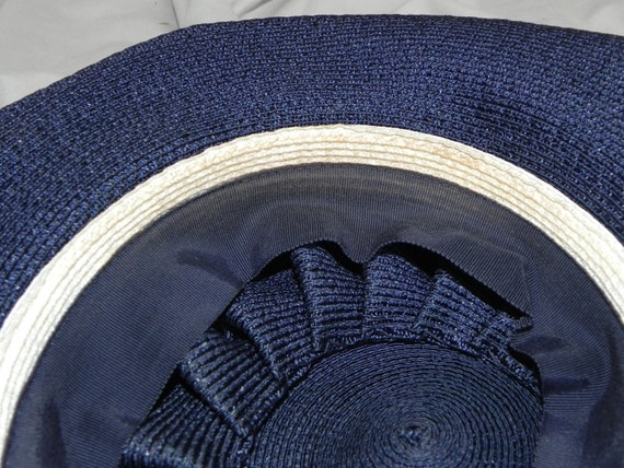 Navy Blue Vintage Straw Cello Weave Platter Hat T… - image 6